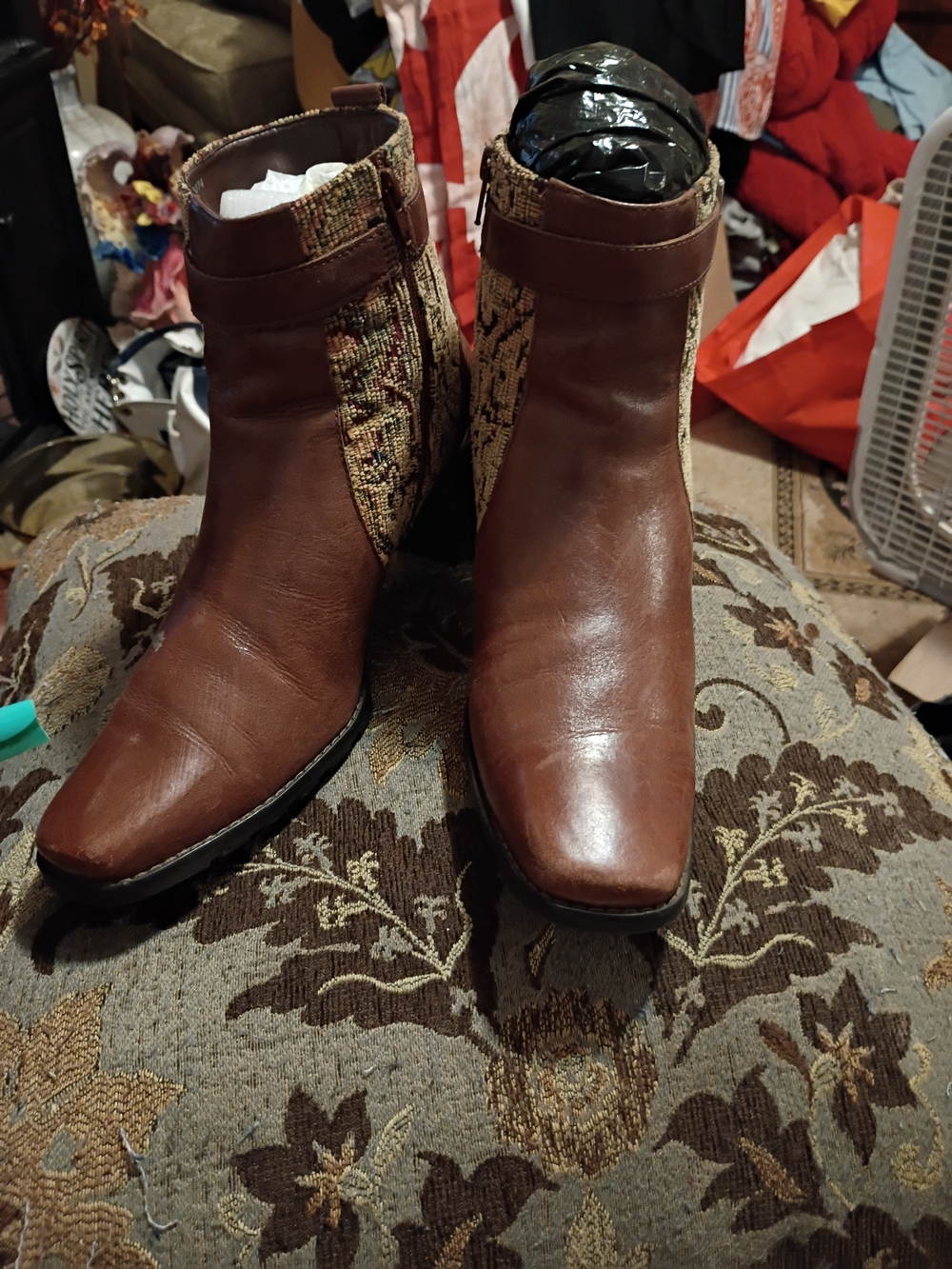 Cold Water Creek  Brown Leather Ankle Boots with Woven Side Panels